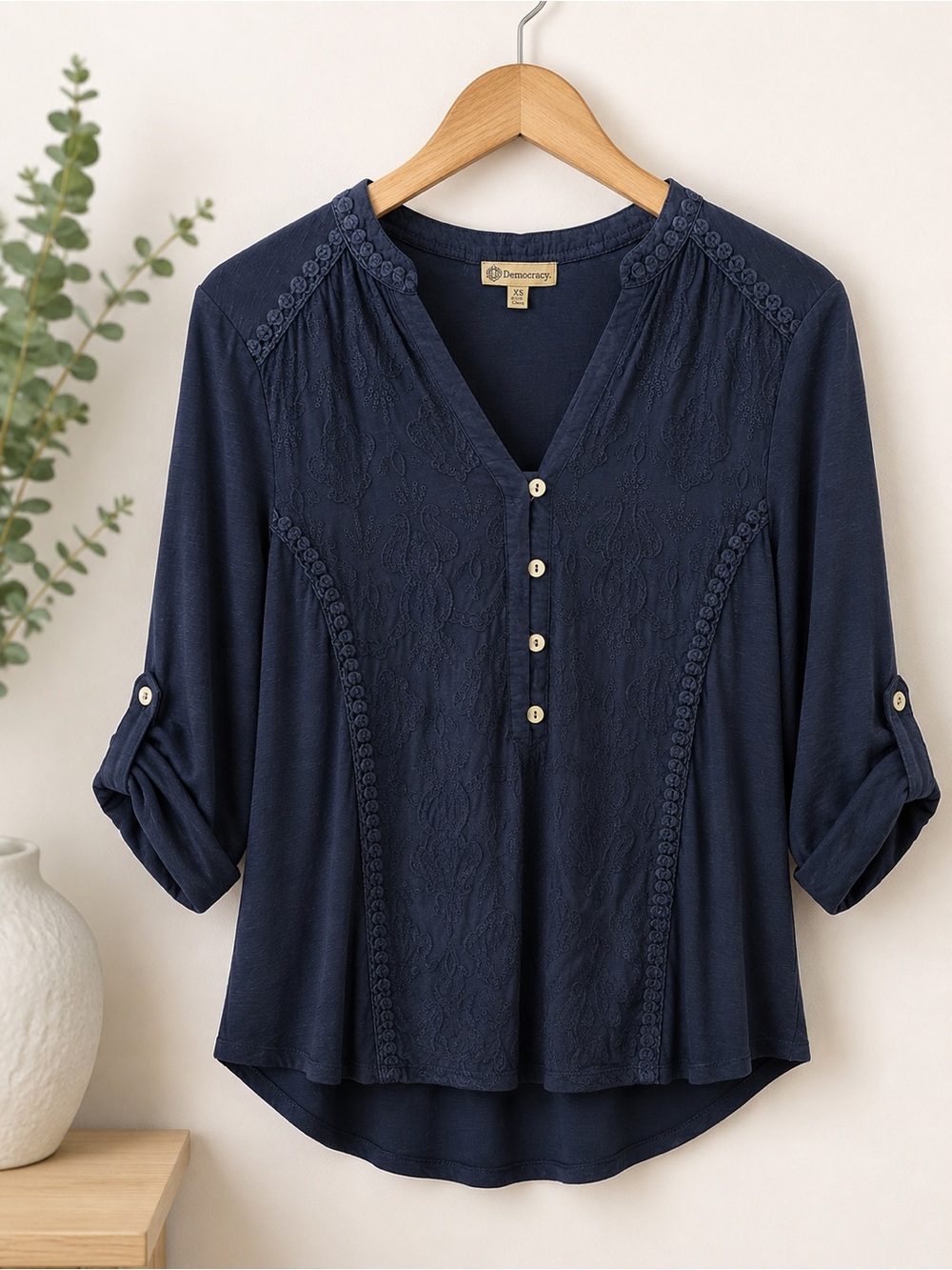 Democracy Navy V-Neck Embroidered Button Henley - Picture 2 of 4